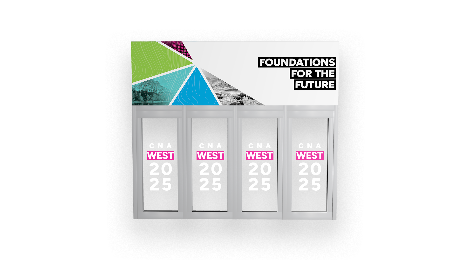 3d model showing the CNA West branded entrance doors with a banner above.