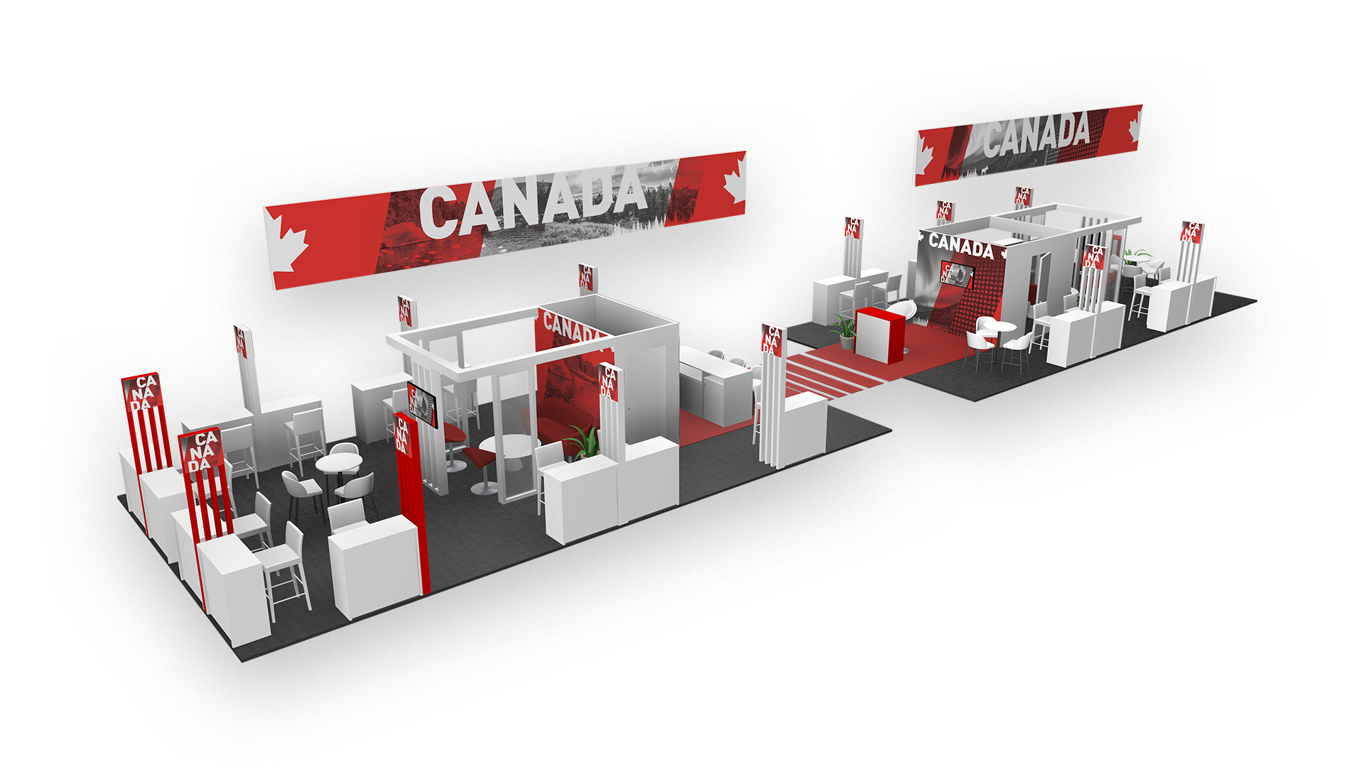 3D render of the WNE 2025 Canada booth, angled view from above.