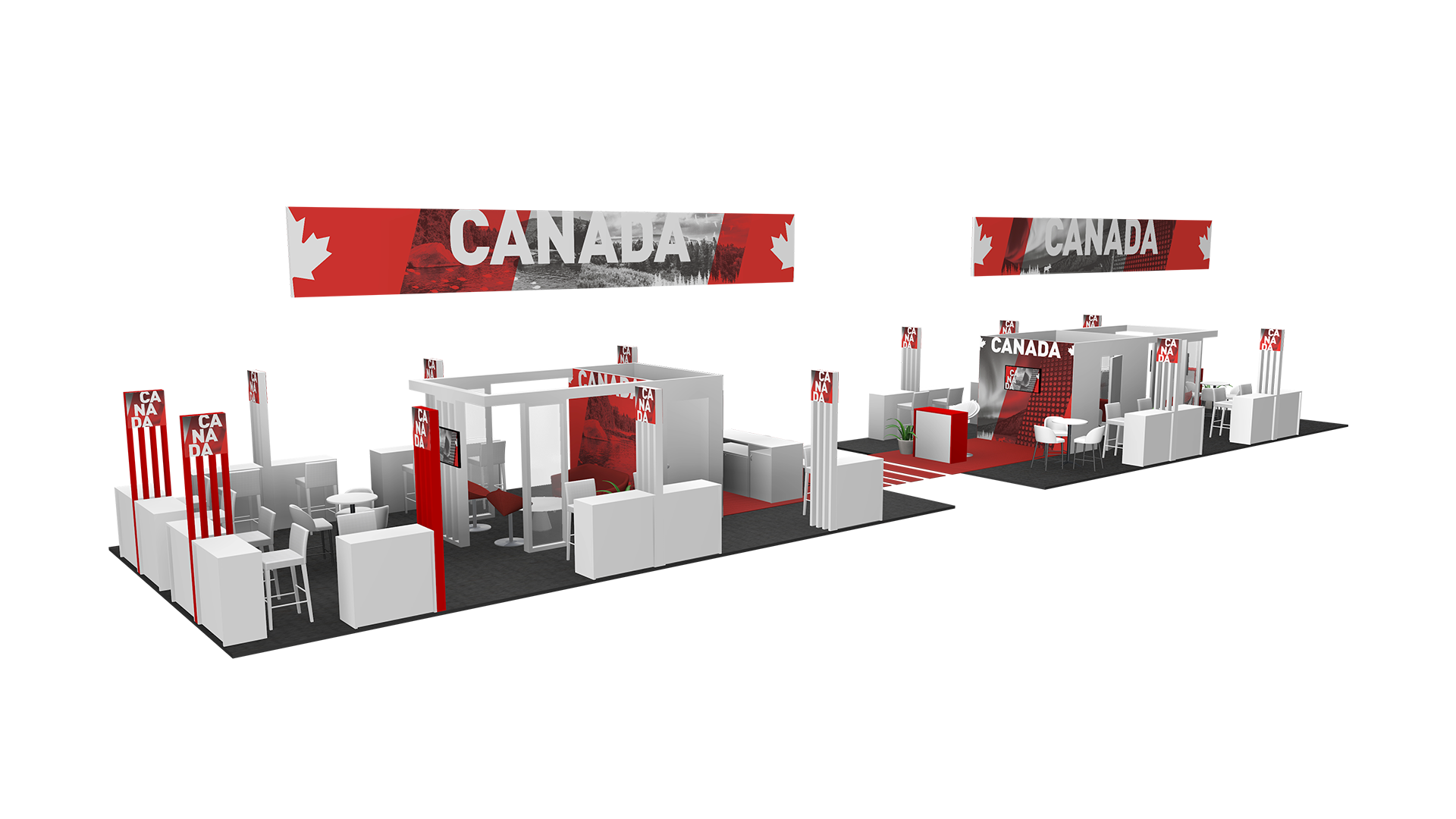 3D render of the WNE 2025 Canada booth, angled view.